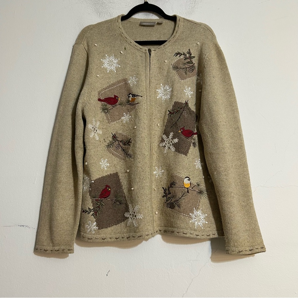 Croft & Barrow Bird Snowflake Embroidered Winter Knit Cardigan Sweater XL